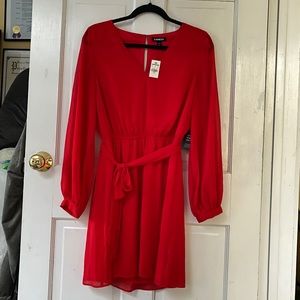 Chiffon Sleeve Sash Tie Fit And Flare Dress